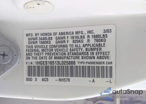 2003 Honda Civic Lx из США, поврежденный, VIN 1HGES16513L025888